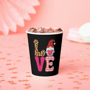 Love Gnome Valentines Day Red Buffalo Plaid Leopar Paper Cups