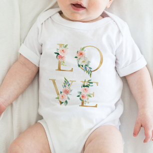 LOVE  gold and blush floral alphabetical Baby Bodysuit