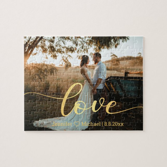 love,gold chic calligraphy country wedding photo jigsaw puzzle (Horizontal)