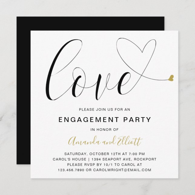 Love Gold Heart Modern Engagement Party Invitation (Front/Back)