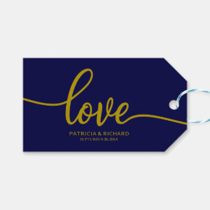 Love- Gold Navy Blue Calligraphy Wedding Favour Gift Tags