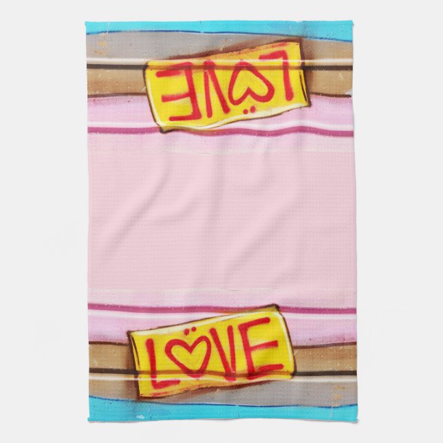 LOVE Graffiti dish towel, pink, tan & blue Tea Towel (Vertical)