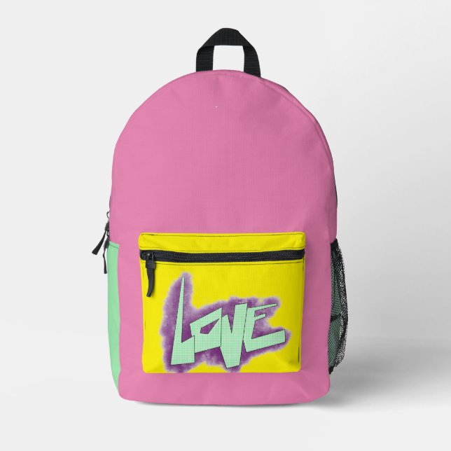 love graffiti purple green mint typography dots  printed backpack (Front)