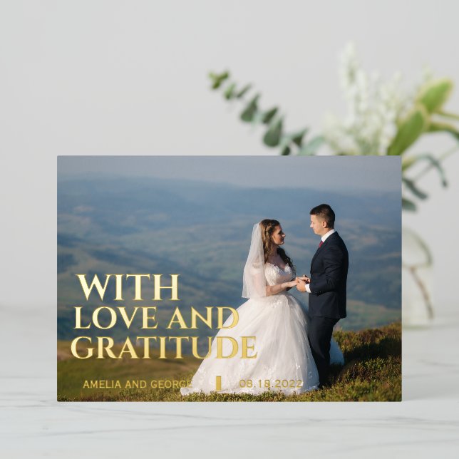 Love & gratitude gold foil wedding thank you card (Standing Front)