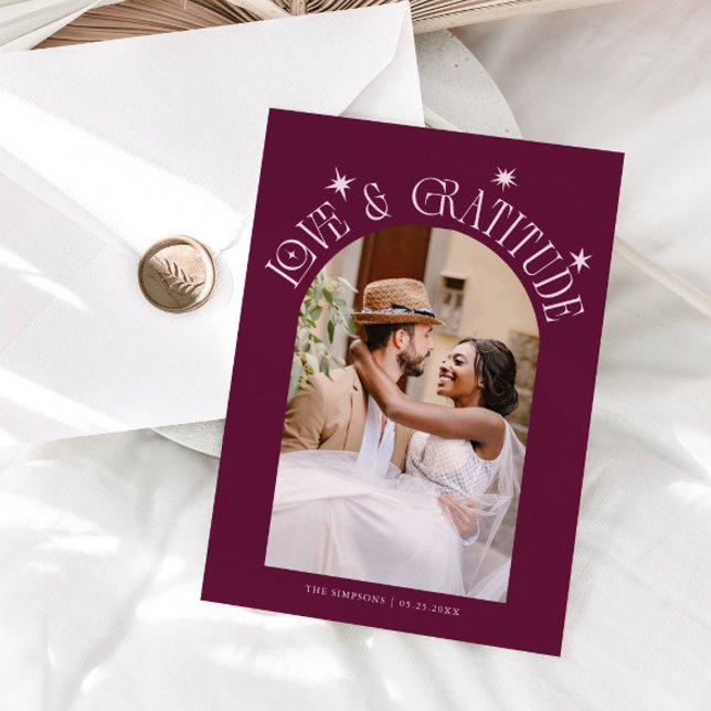 Love & Gratitude Minimal Wedding Photo Cranberry Thank You Card (Creator Uploaded)