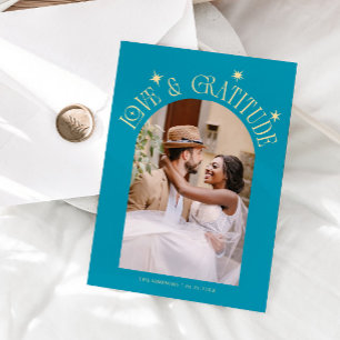 Love & Gratitude Minimalist Wedding Photo Aqua Thank You Card