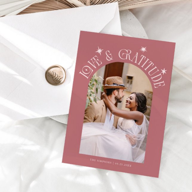 Love & Gratitude Minimalist Wedding Photo Pink Thank You Card (Creator Uploaded)