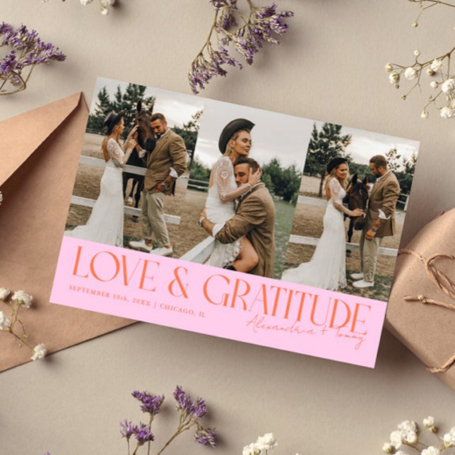 Love & Gratitude Orange Pink Wedding Multi Photo   Thank You Card (Creator Uploaded)