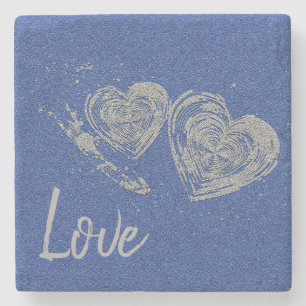 "LOVE", Gray Hearts, Square Marble Stone Coaster