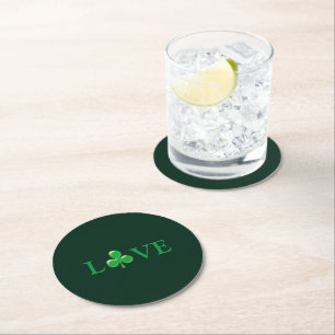Love Green Clover modern St. Patrick's Day Round Paper Coaster