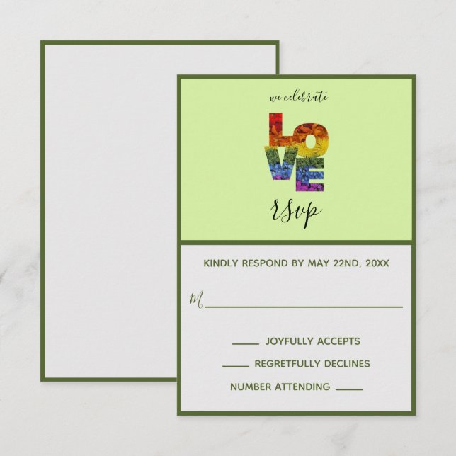 LOVE Green Themed Same-Sex Wedding RSVP Card (Front/Back)