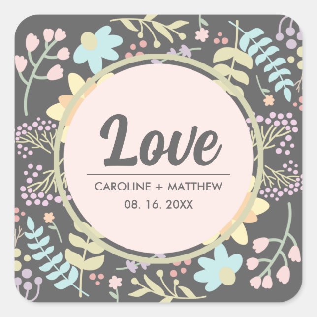 Love. Grey Blush Pink Modern Floral Wedding Square Sticker (Front)