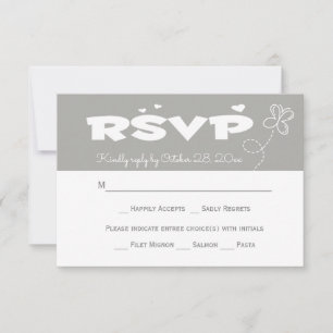 Love Grey & White RSVP Butterfly & Hearts Wedding Card