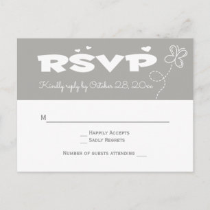 Love Grey & White RSVP Butterfly & Hearts Wedding Invitation Postcard