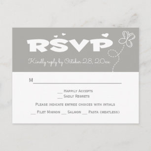 Love Grey & White RSVP Butterfly & Hearts Wedding Invitation Postcard