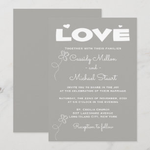 Love Grey & White Wedding Hearts and Butterflies Invitation