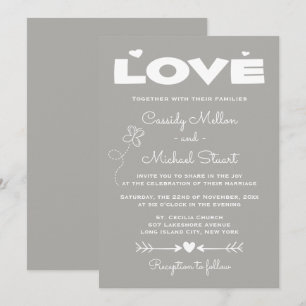 Love Grey & White Wedding Hearts and Butterflies Invitation