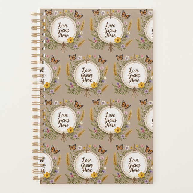 Love grows boho, wildflowers, wheat, butterflies planner (Front)