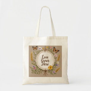 Love grows boho, wildflowers, wheat, butterflies tote bag
