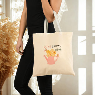 Love Grows Here Floral Garden Quote Tote Bag