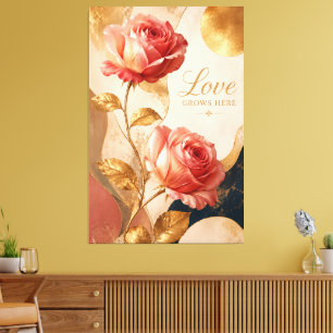 Love Grows Here – Luxury Gold Rose Canvas Wall Art