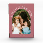 Love Grows Here Modern Arch Pink Photo Block<br><div class="desc">Modern and minimal family memory photo block featuring a photo in a arch frame with a text that says "Love Grows Here" with tiny hearts. Pink.</div>