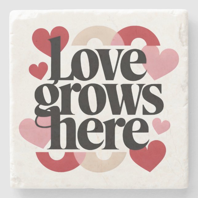 Love Grows Here – Modern Heart Typography Stone Coaster (Front)