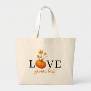 LOVE Grows Here Pumpkin Lettering Autumn Large Tote Bag