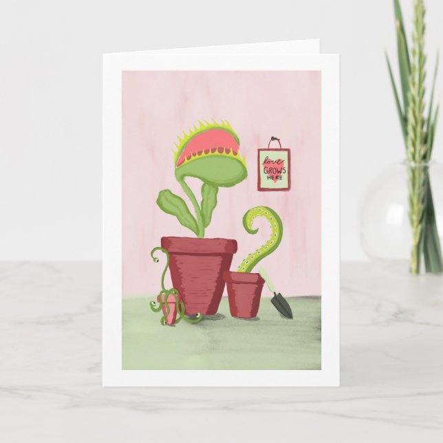 Love Grows Here:  Quirky Potted Plants Card (Front)