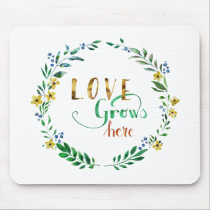 Love grows here Watercolor Floral Wreath Mouse Pad