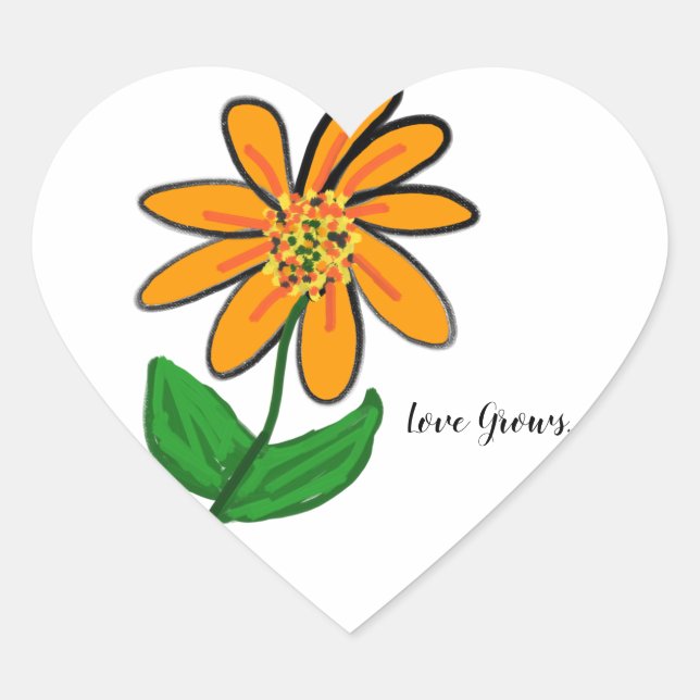 Love Grows Orange Floral  Heart Sticker (Front)