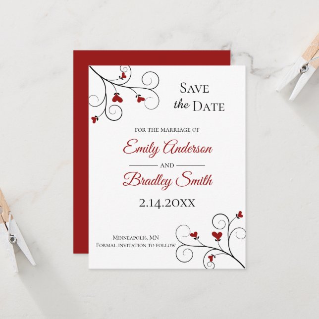 Love Grows | Red Hearts Wedding Save the Date Invitation (Front/Back In Situ)