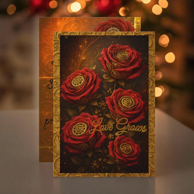 Love Grows Romantic Red Rose Gold Gears Invitation (Creator Uploaded)