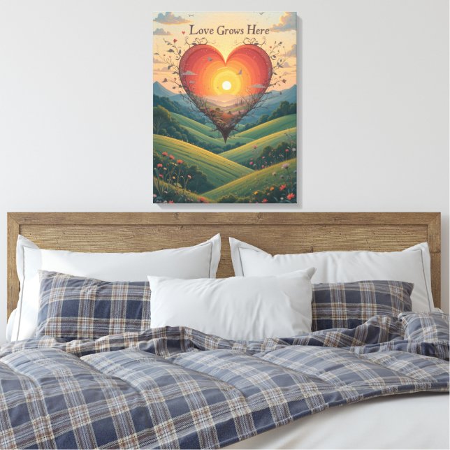 Love Grows Sunset Heart Landscape Art Canvas Print (Insitu(Bedroom))
