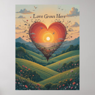 Love Grows Sunset Heart Landscape Art Poster