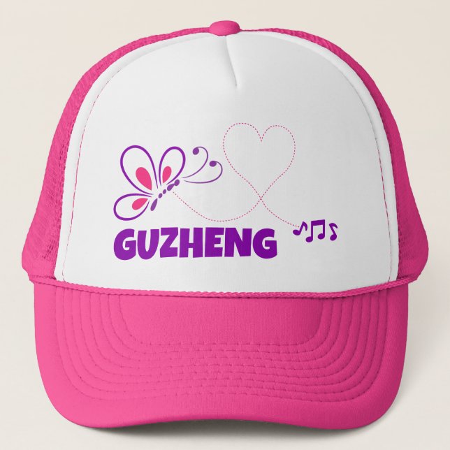 Love Guzheng Pink Purple Butterfly Heart Trucker Hat (Front)