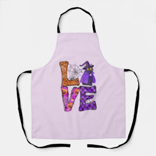 LOVE Halloween Design with Black Witch Cat Apron