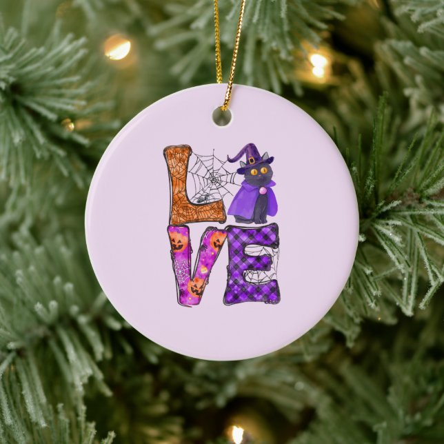 LOVE Halloween Design with Black Witch Cat Ceramic Tree Decoration (Tree)
