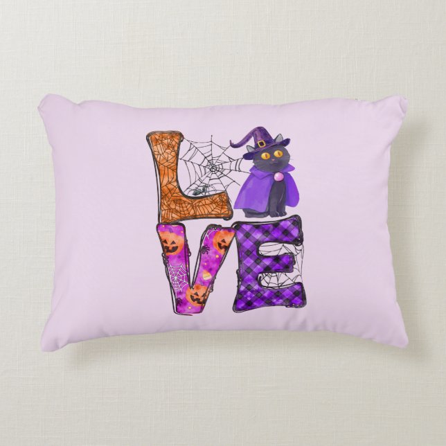 LOVE Halloween Design with Black Witch Cat Decorative Cushion (Front)