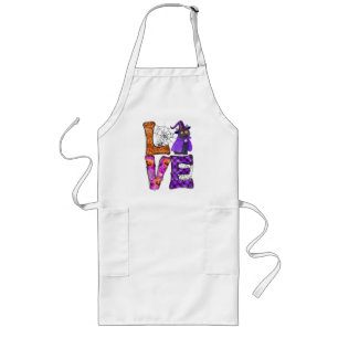 LOVE Halloween Design with Black Witch Cat Long Apron