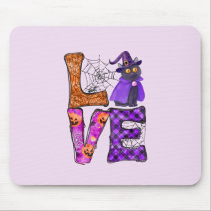 LOVE Halloween Design with Black Witch Cat Mouse Pad