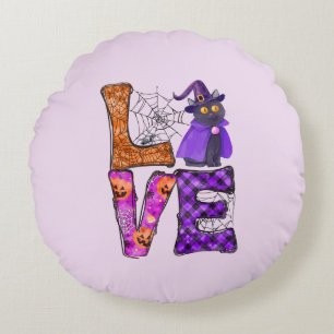 LOVE Halloween Design with Black Witch Cat Round Cushion
