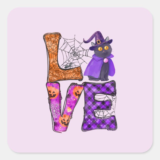 LOVE Halloween Design with Black Witch Cat Square Sticker (Front)