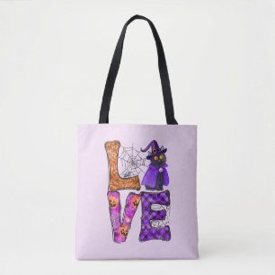 LOVE Halloween Design with Black Witch Cat Tote Bag