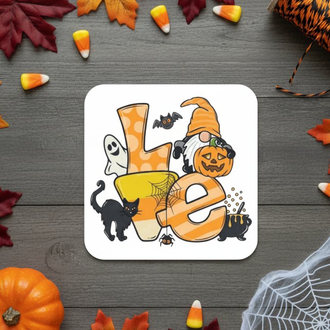 "Love" Halloween Gnome & Spooky Friends Square Sticker ("Love" Halloween Gnome & Spooky Friends Square Sticker)
