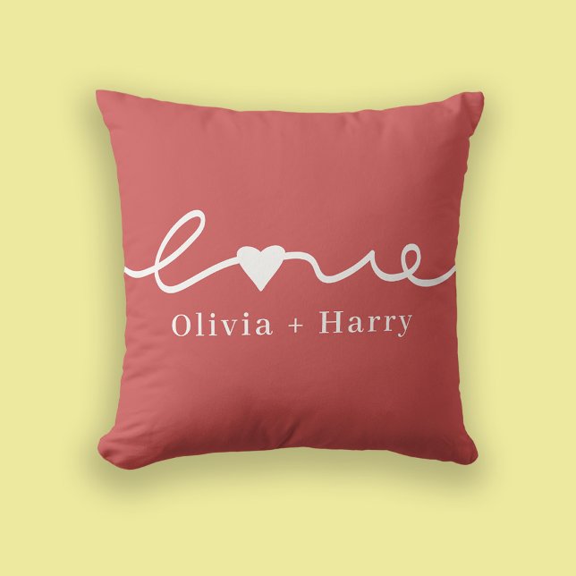 Love Hand Drawn Modern Minimalist Red White Cushion (Stylishly Personalize with Your Custom Names.)