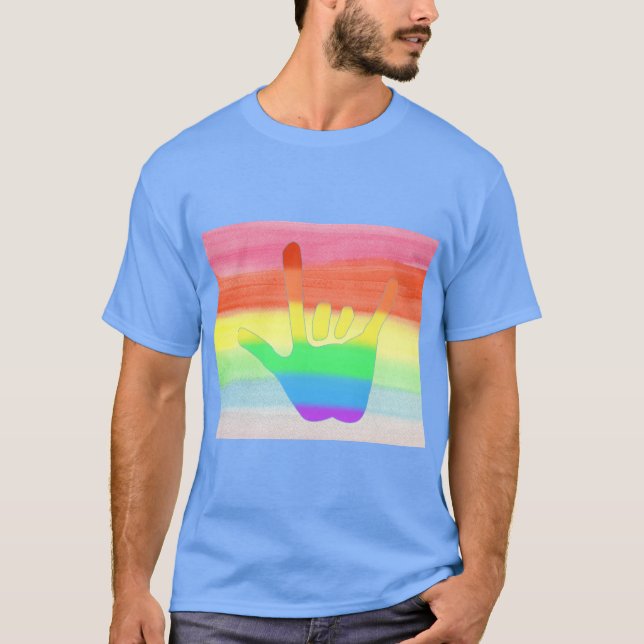 Love hand in rainbow colours on faded rainbow blen T-Shirt (Front)