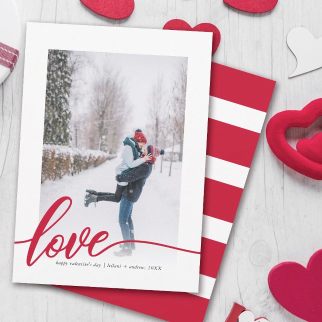 Love Hand-Lettered Photo Valentine's Day Holiday Card (Hand lettered love in red color over the photo for a modern Valentine's Day card.)