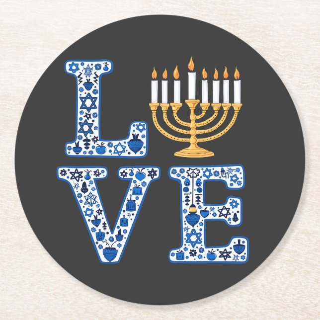Love Hanukkah Jewish Holiday Menorah  Round Paper Coaster (Front)