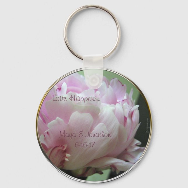 Love Happens Pink Peony Wedding Favour Keychain (Front)